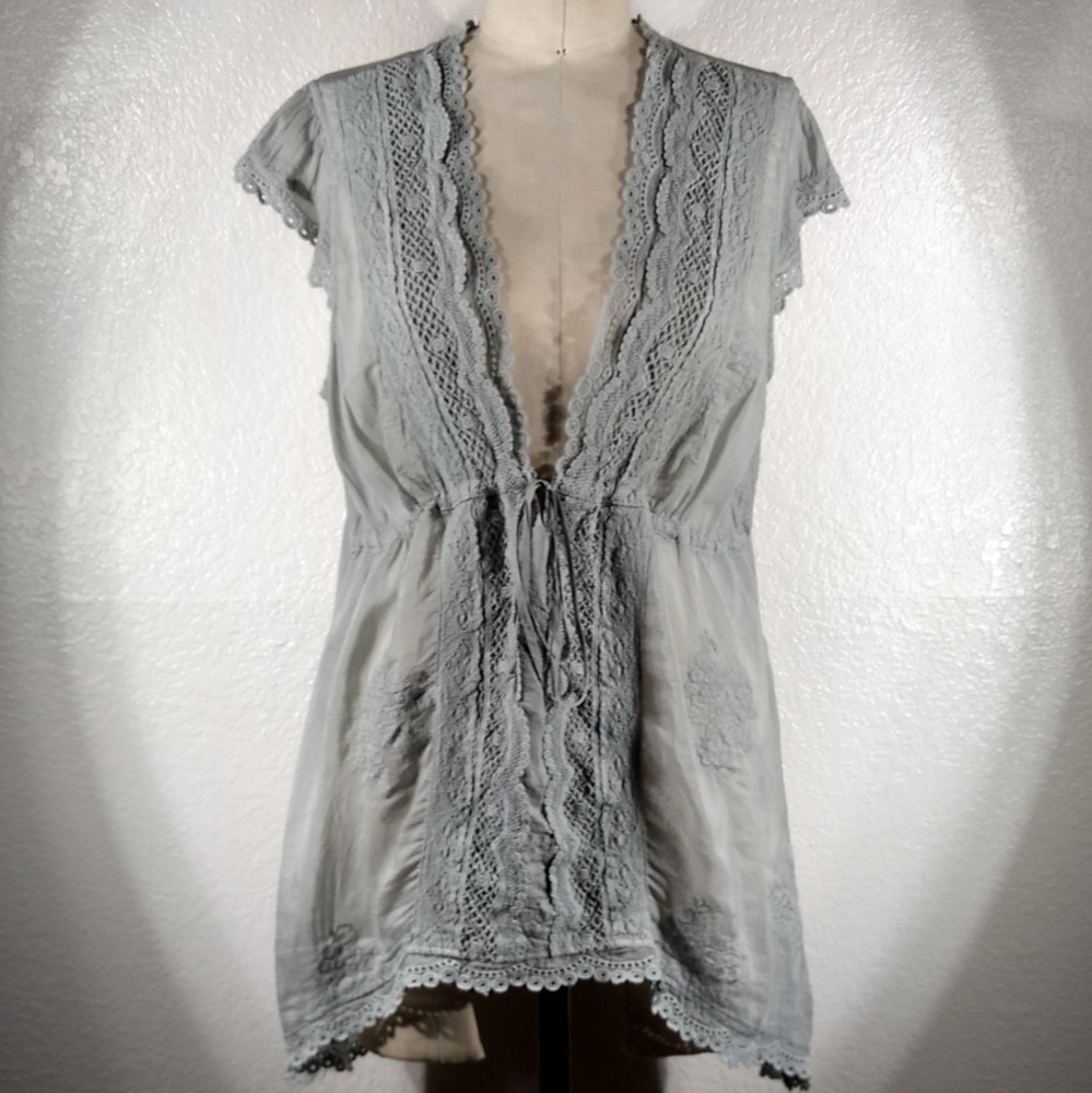Johnny Was Lenin Cap Slv Tie Blouse M NWT